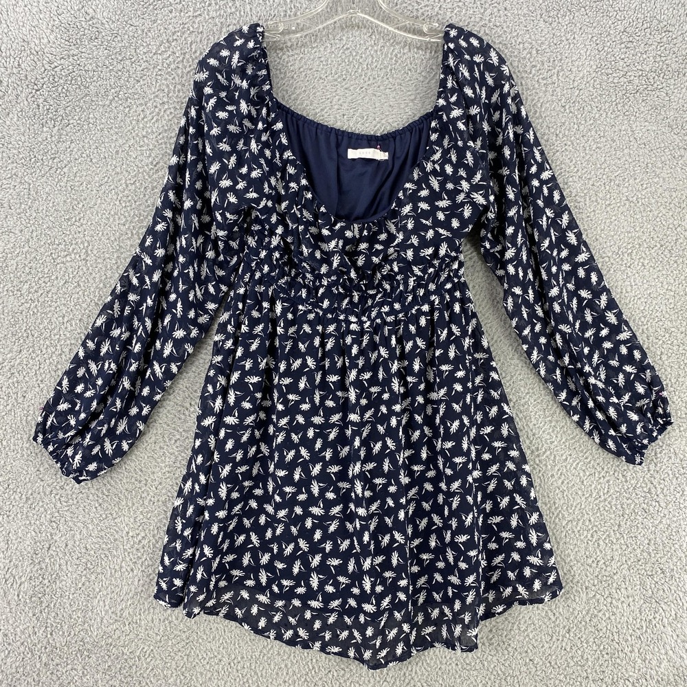 Lush Romper Womens Small Navy Floral Long Sleeve Swiss Dot‎ Lined Elastic Waist